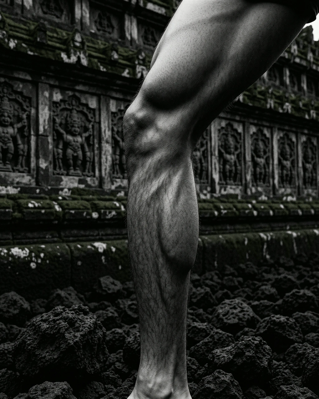 Tensed muscle against Indonesian volcanic rock textures