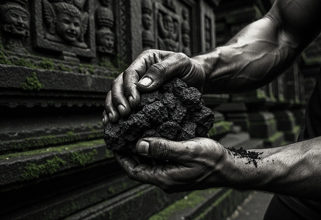Hands holding volcanic rock